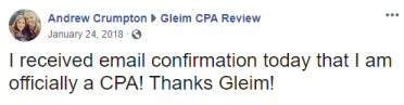 Facebook post from Andrew Crumpton: "I received my email confirmation today that I am officially a CPA! Thanks Gleim!"