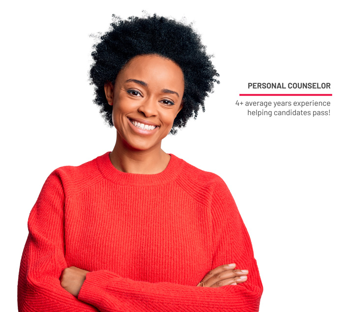 Photo of smiling woman with text "Personal Counselor. 4 plus average years experience helping candidates pass!" showing another reason why Gleim is the best CMA review provider.