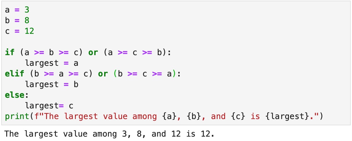 Version D to solve the problem of finding the largest variable among a group, using a series of "if", "else" and "elif" statements, "or" operators, and an fstring to print the result.