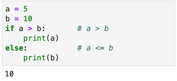 Short example showing if-else statement printing the larger of two variables.